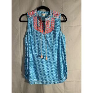 J Crew Top Womens 2 Blue Embroidered Colorful Tassel Boho Neon Southwestern